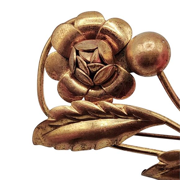 Vintage 1940s Floral Brooch Gold Tone Slender Long Stem Flower Pin 3.25" - Picture 2 of 9